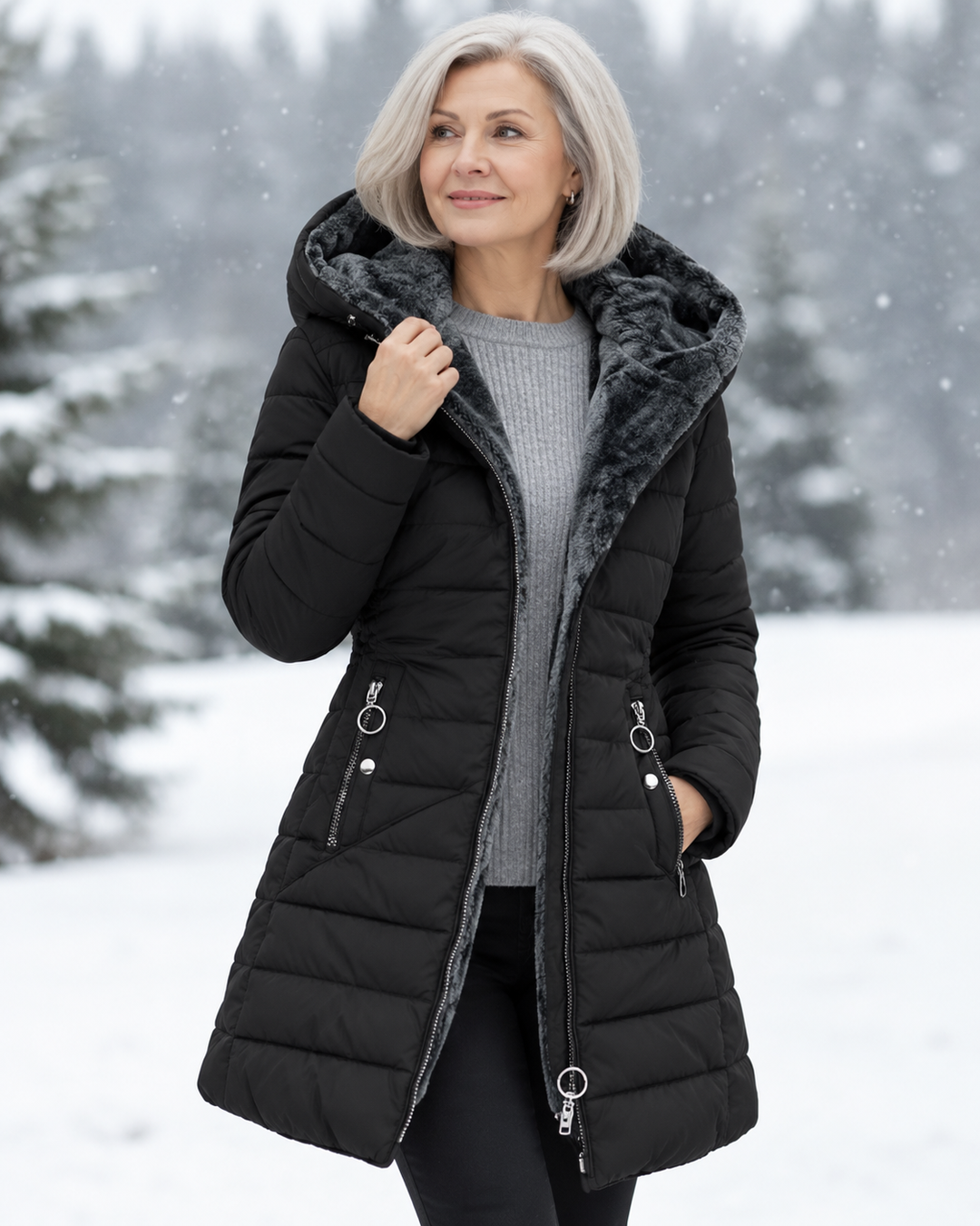 Audrey | Quilted Hooded Winter Coat - Black