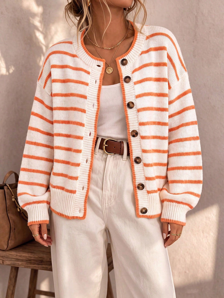 Liora | Striped Knit Cardigan – White Orange