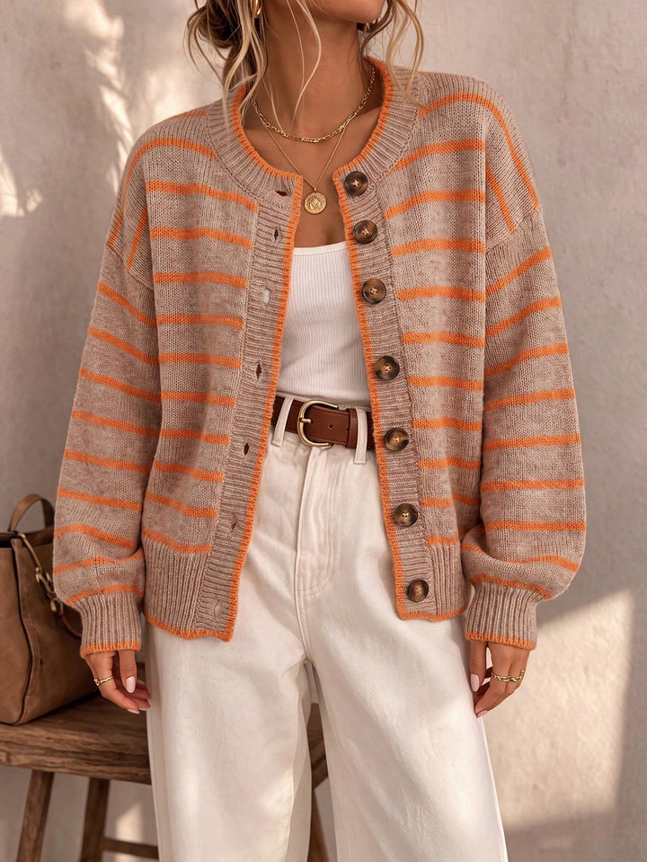 Liora | Striped Knit Cardigan – Beige Orange