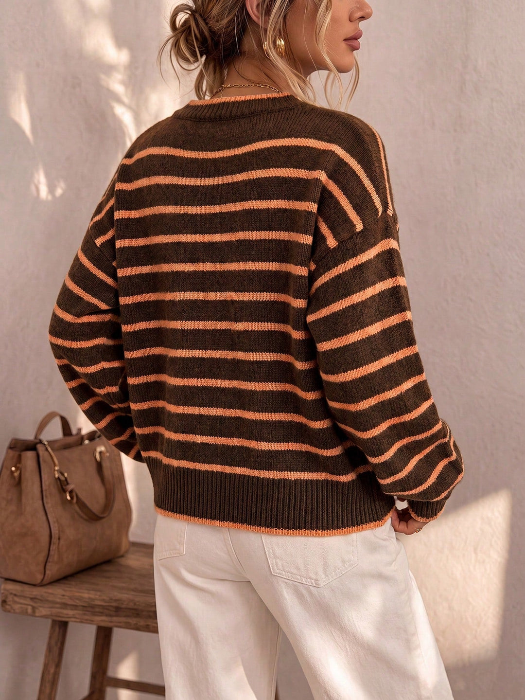 Liora | Striped Knit Cardigan – Beige Orange