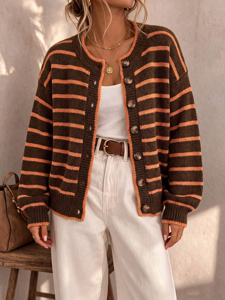 Liora | Striped Knit Cardigan – Beige Orange