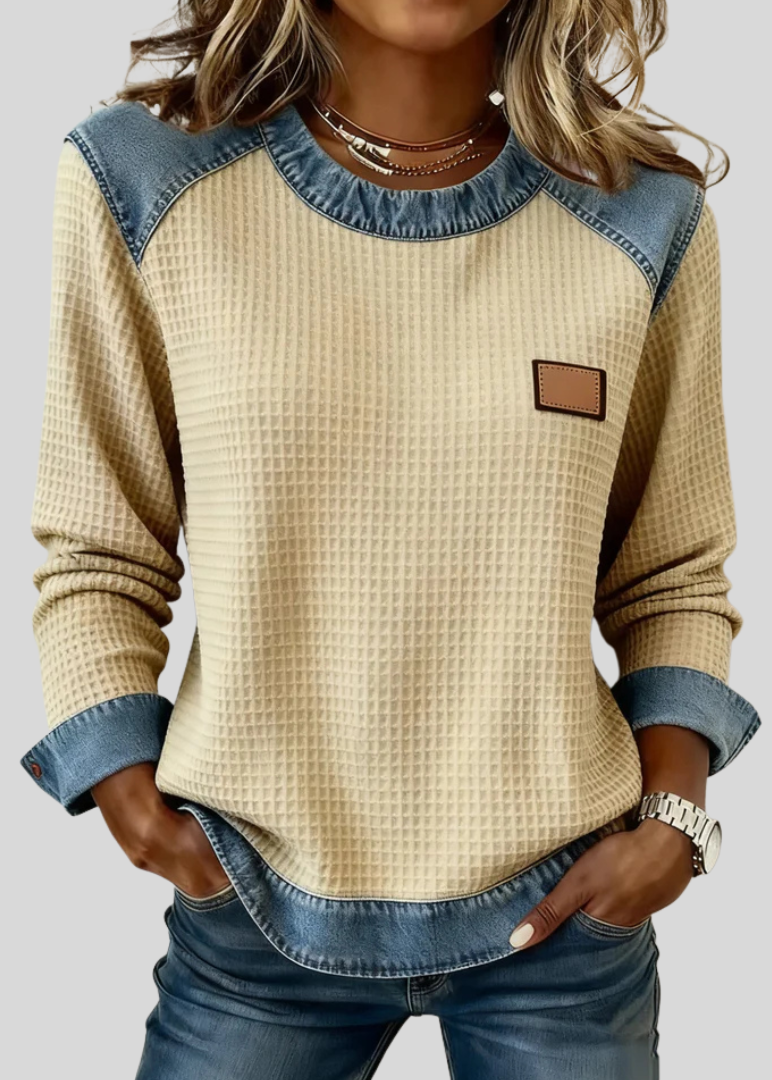 KARA | Waffle sweatshirt with patchwork trim