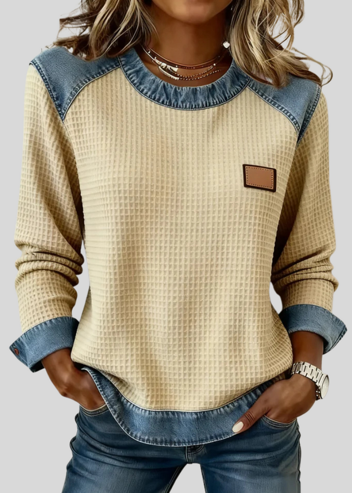 KARA | Waffle sweatshirt with patchwork trim