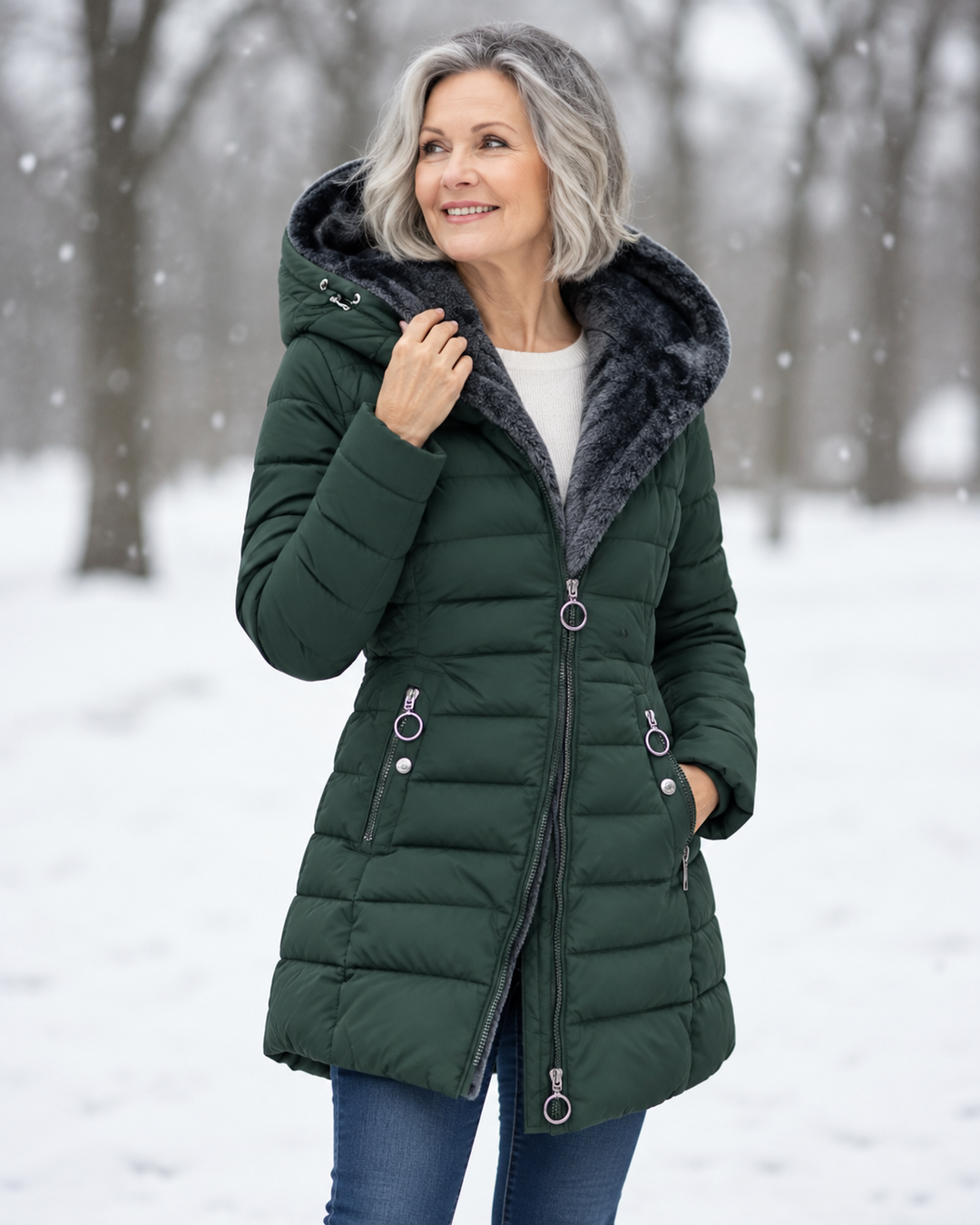 Audrey | Quilted Hooded Winter Coat - Dark Green