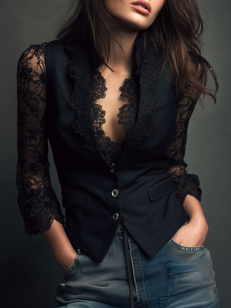 Noemie | High-Neck Blazer with Sheer Sleeves