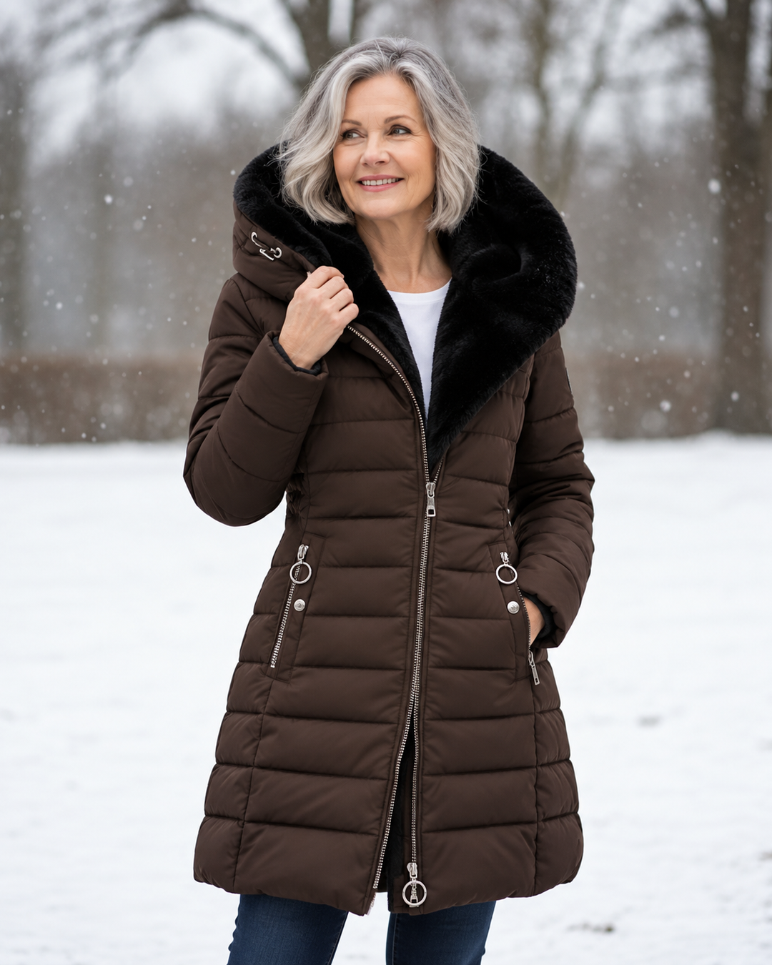 Audrey | Quilted Hooded Winter Coat - Coffee Brown