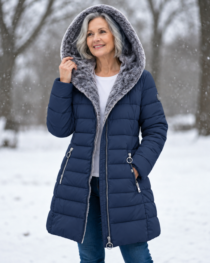 Audrey | Quilted Hooded Winter Coat - Navy Blue