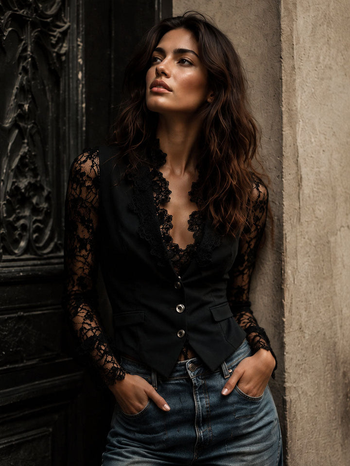 Noemie | High-Neck Blazer with Sheer Sleeves