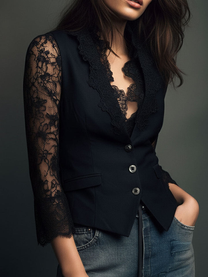 Noemie | High-Neck Blazer with Sheer Sleeves