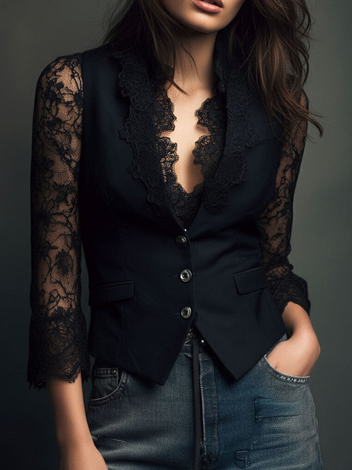 Noemie | High-Neck Blazer with Sheer Sleeves