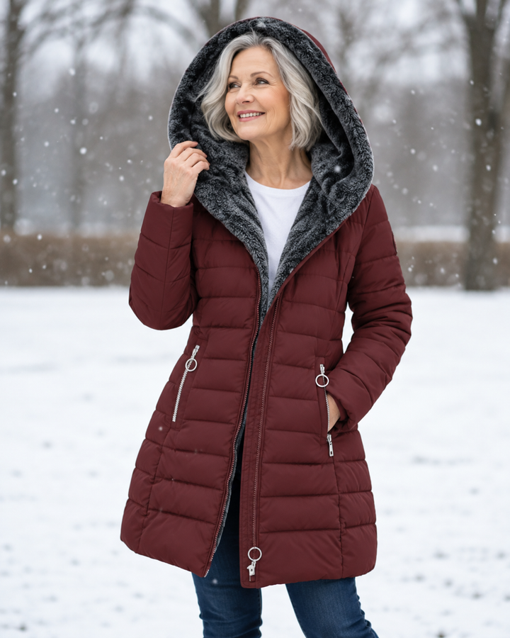 Audrey | Quilted Hooded Winter Coat - Burgundy