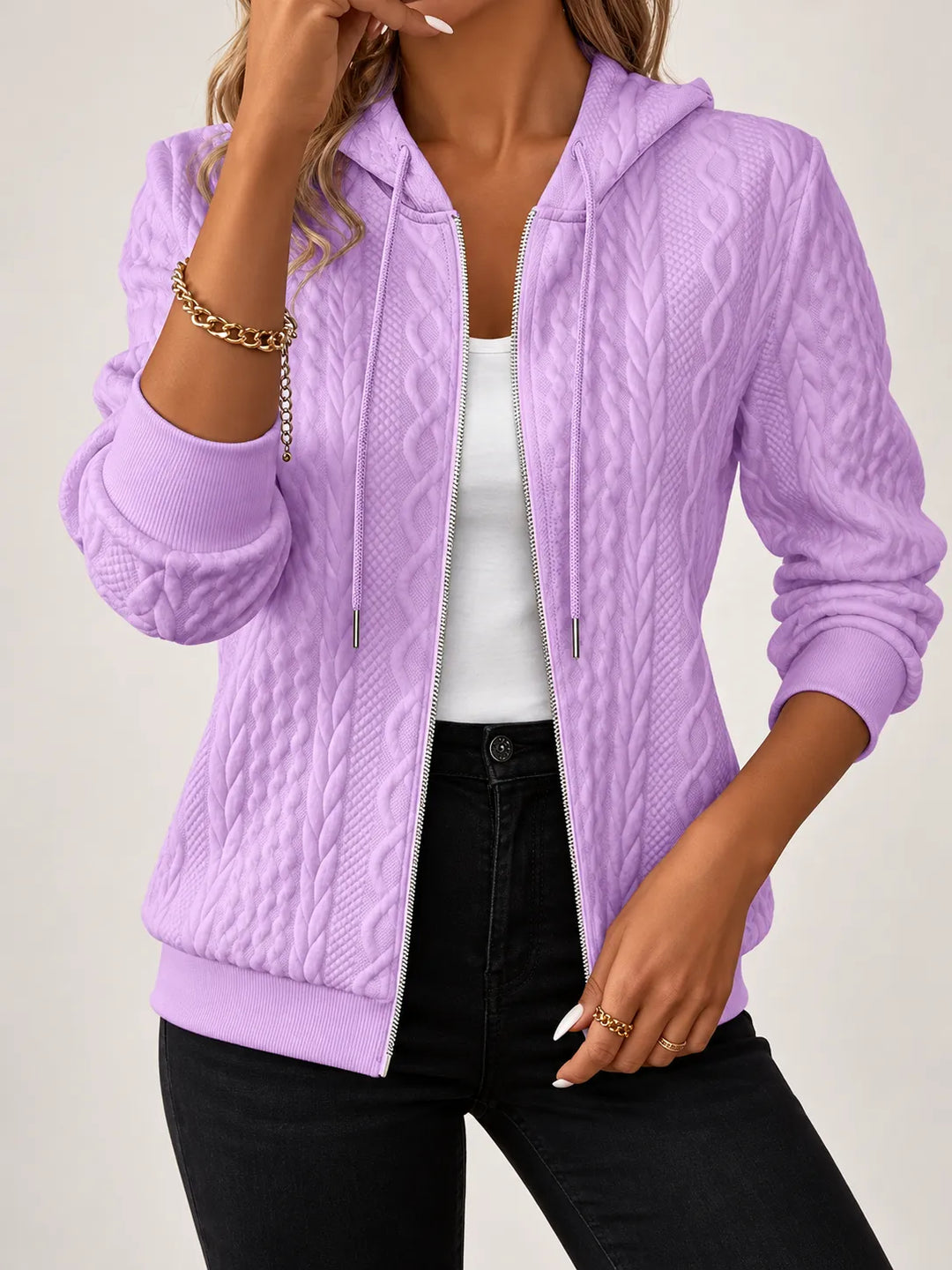 Amara | Textured Cable-Knit Zip-Up Hoodie - Violet