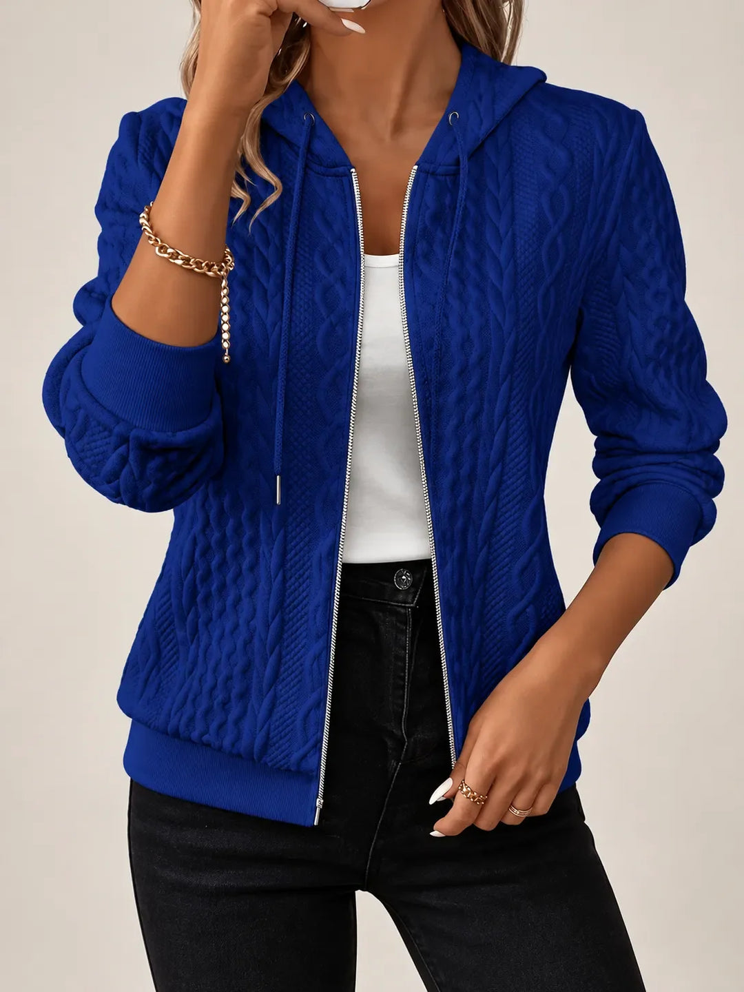 Amara | Textured Cable-Knit Zip-Up Hoodie - Blue