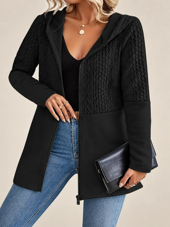 Adeline | Cable-Knit Textured Hooded Jacket - Black