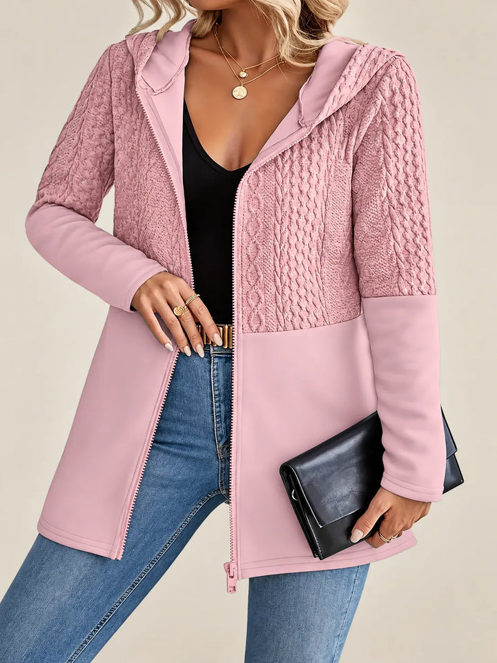Adeline | Cable-Knit Textured Hooded Jacket - Blush Pink