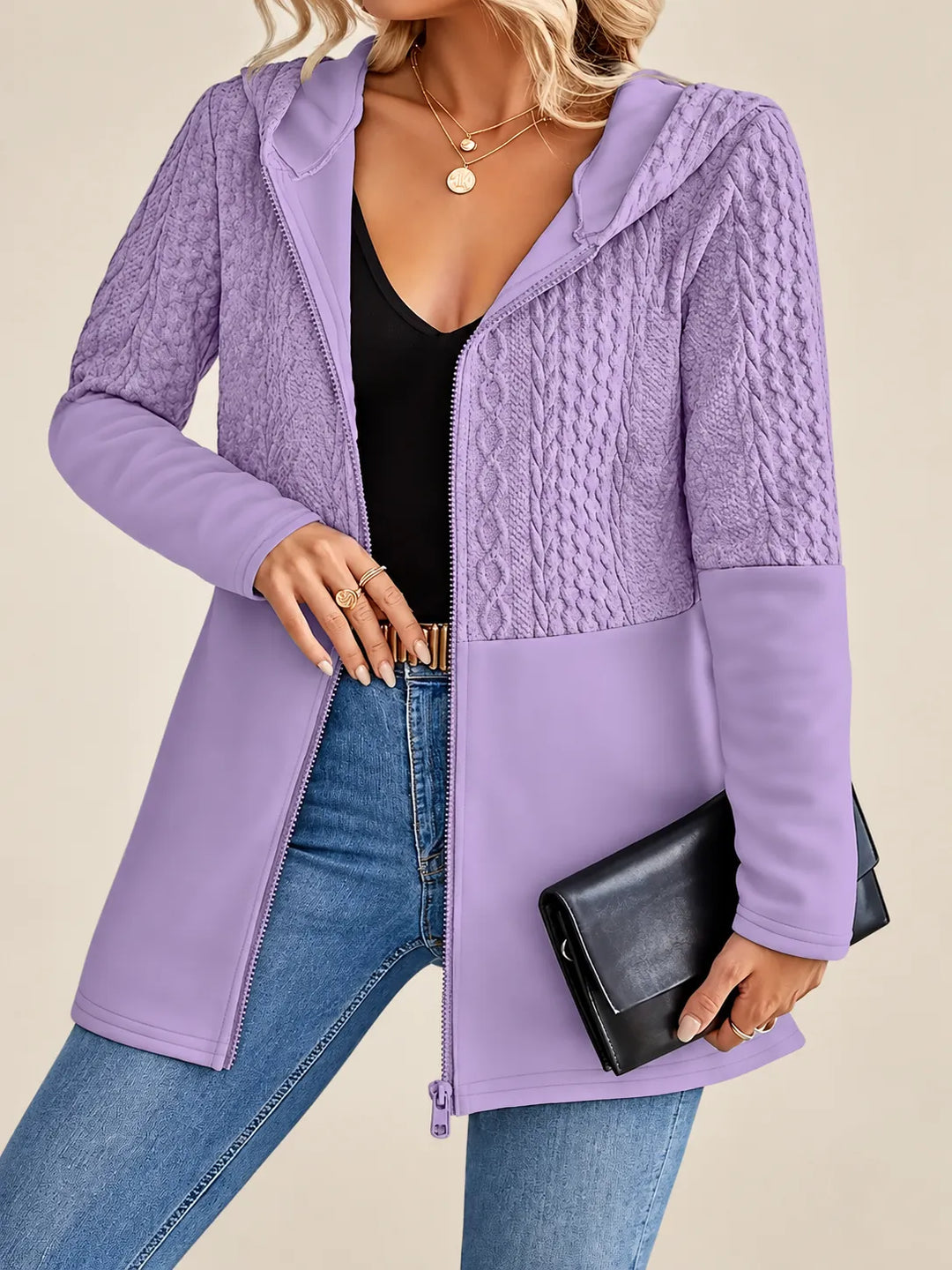 Adeline | Cable-Knit Textured Hooded Jacket - Lavender