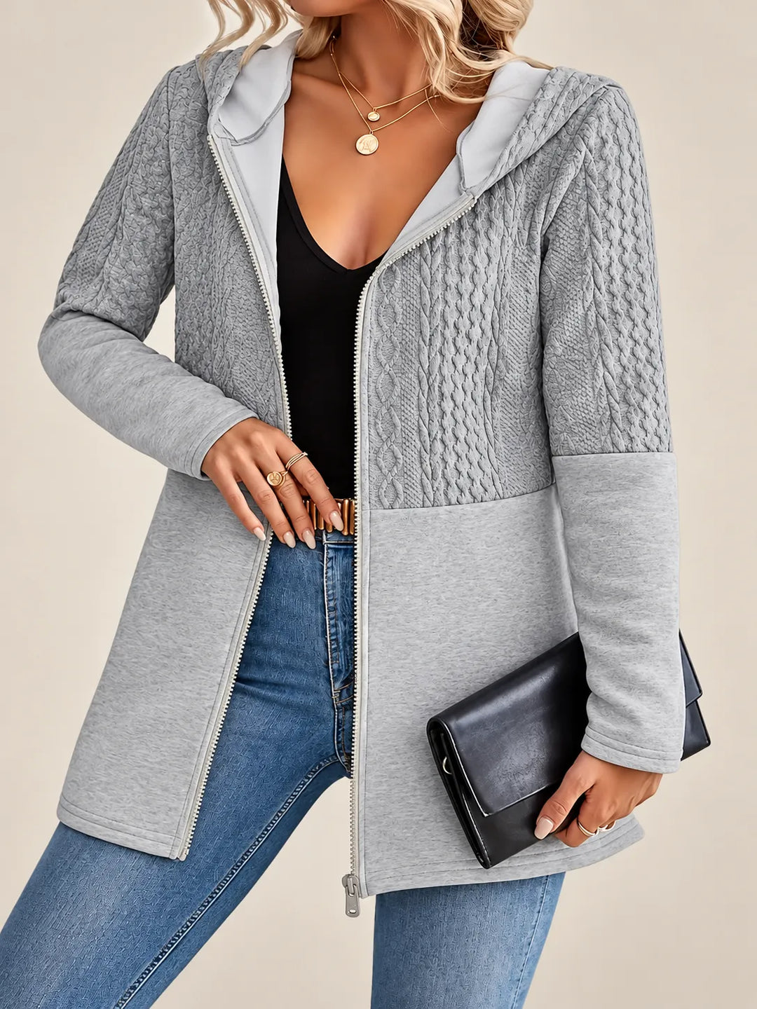 Adeline | Cable-Knit Textured Hooded Jacket - Light Gray
