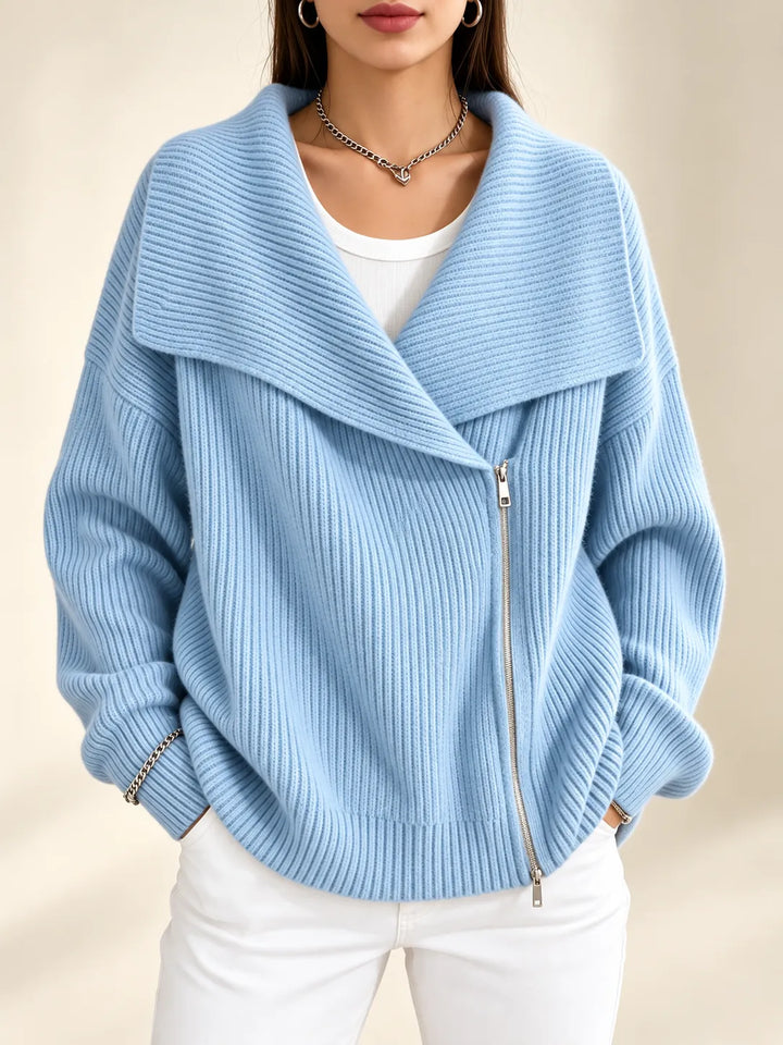 Vivienne | Oversized Collar Ribbed Knit Cardigan - Blue