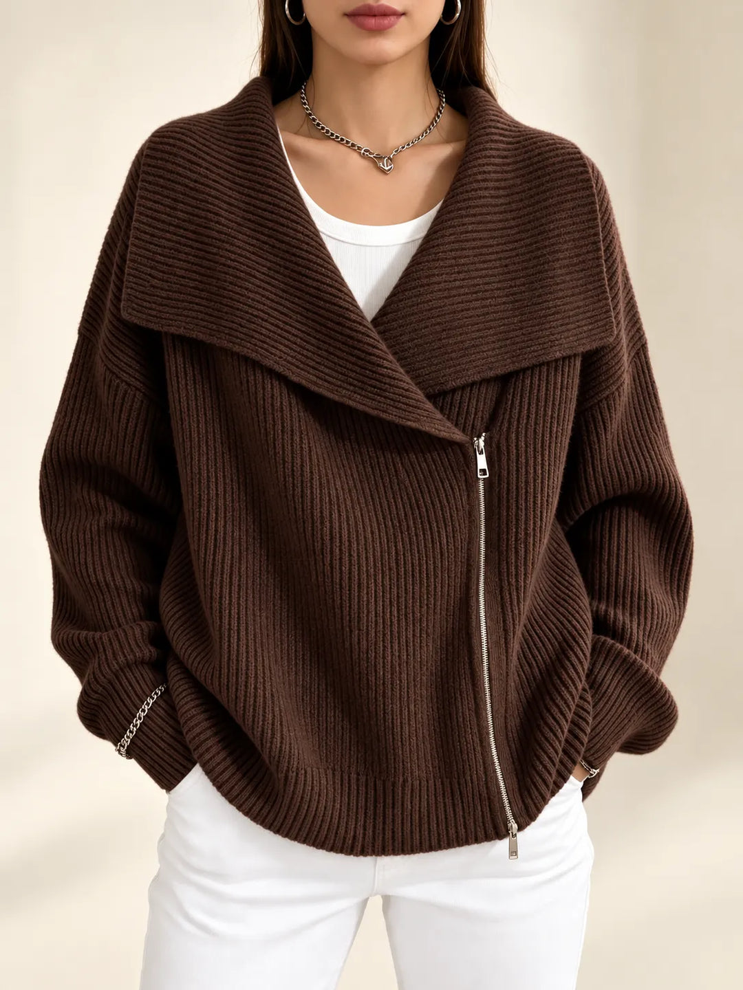 Vivienne | Oversized Collar Ribbed Knit Cardigan - Brown