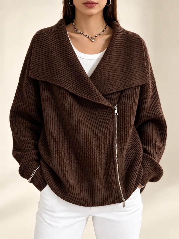 Vivienne | Oversized Collar Ribbed Knit Cardigan - Brown