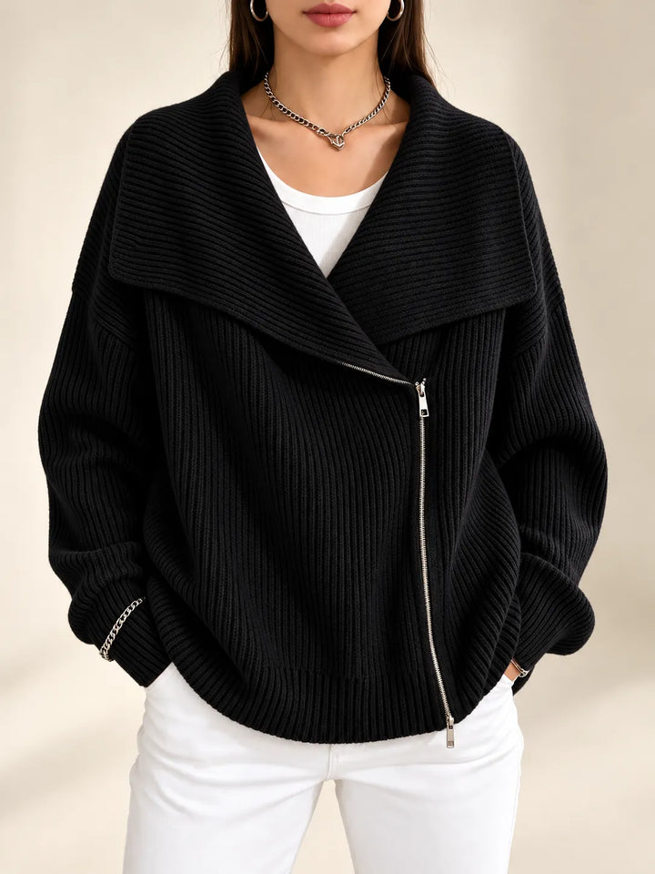 Vivienne | Oversized Collar Ribbed Knit Cardigan - Black