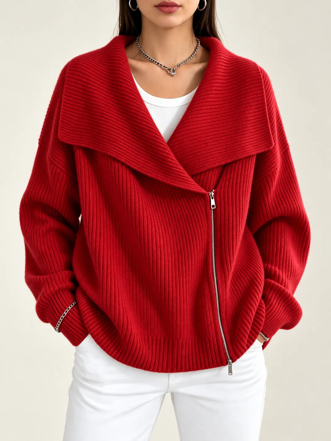Vivienne | Oversized Collar Ribbed Knit Cardigan - Red