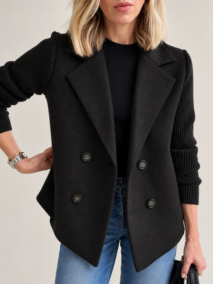 Celeste | Elegant Ribbed-Sleeve Double-Breasted Jacket - Black
