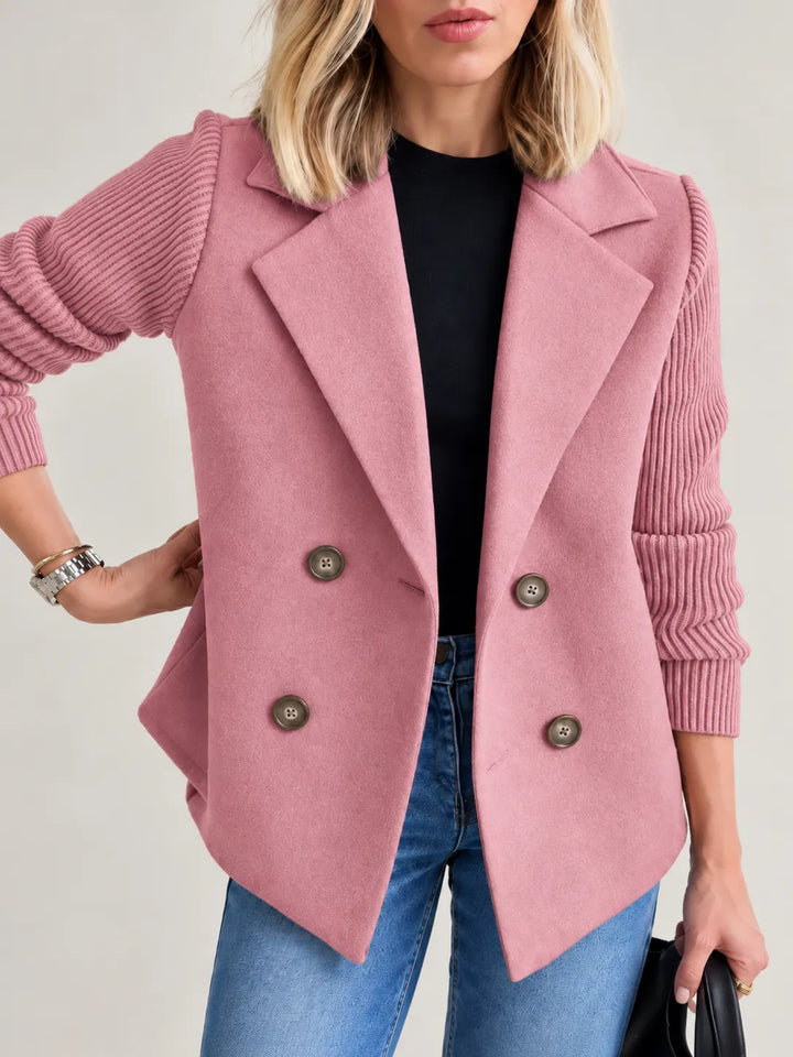 Celeste | Elegant Ribbed-Sleeve Double-Breasted Jacket - Dusty Pink