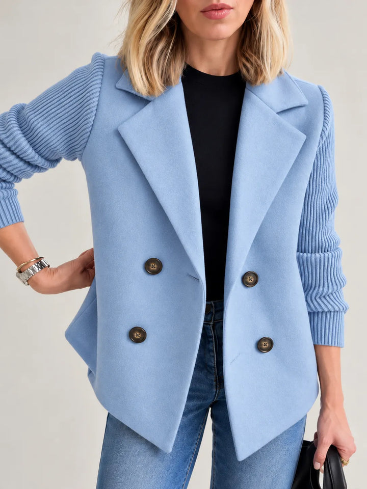 Celeste | Elegant Ribbed-Sleeve Double-Breasted Jacket - Soft Blue