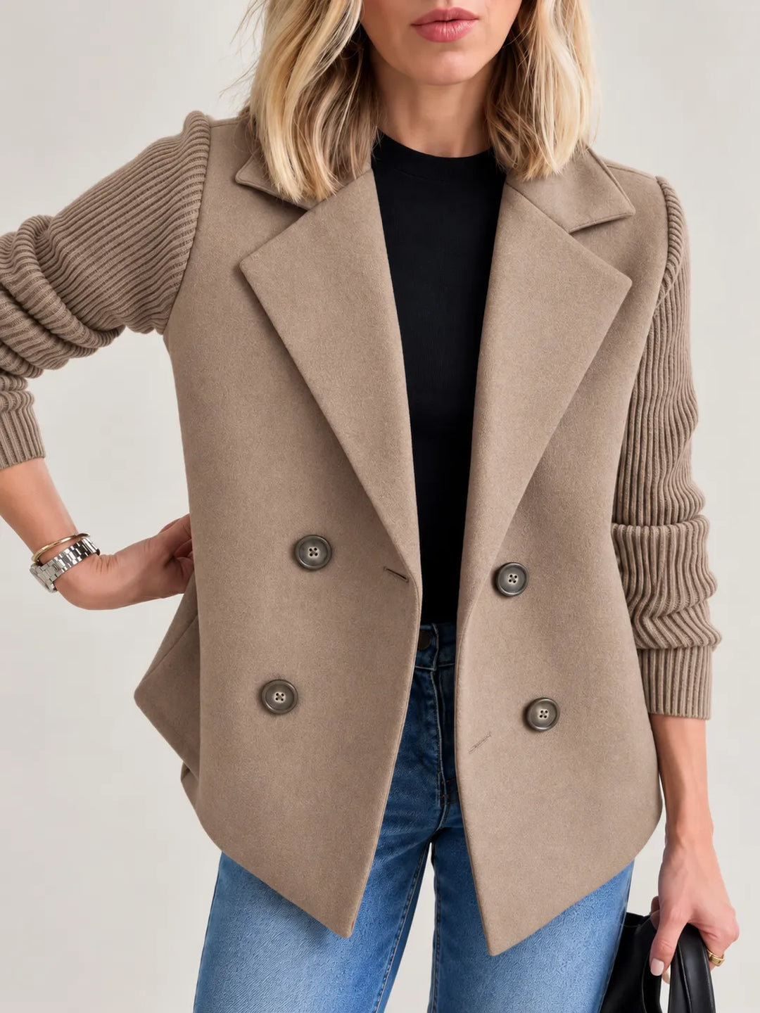 Celeste | Elegant Ribbed-Sleeve Double-Breasted Jacket - Taupe