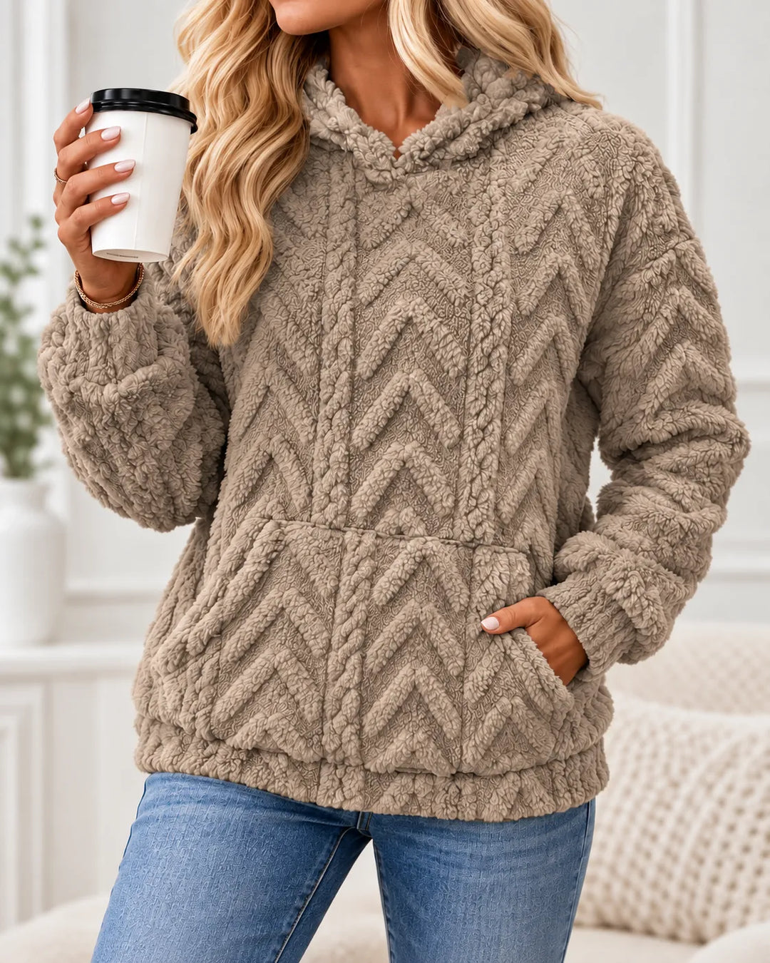 Evelyn | Cozy Textured Fleece Hoodie - Taupe