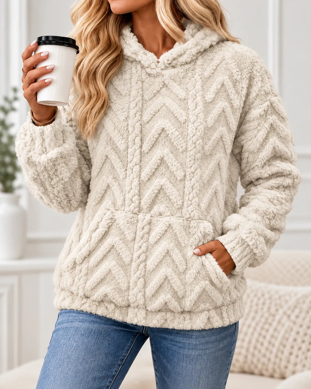 Evelyn | Cozy Textured Fleece Hoodie - Light Yellow