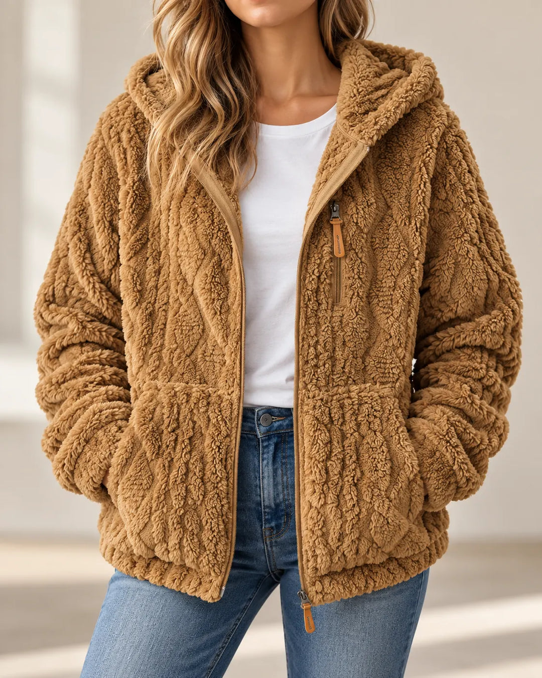 Adeline | Cozy Textured Fleece Zip-Up Jacket - Camel