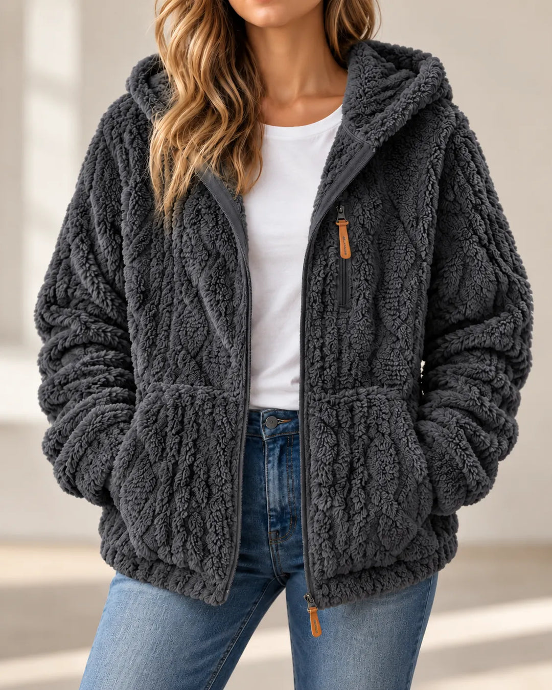 Adeline | Cozy Textured Fleece Zip-Up Jacket - Charcoal Gray