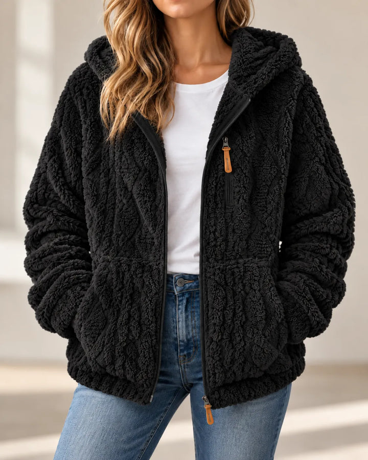 Adeline | Cozy Textured Fleece Zip-Up Jacket - Black