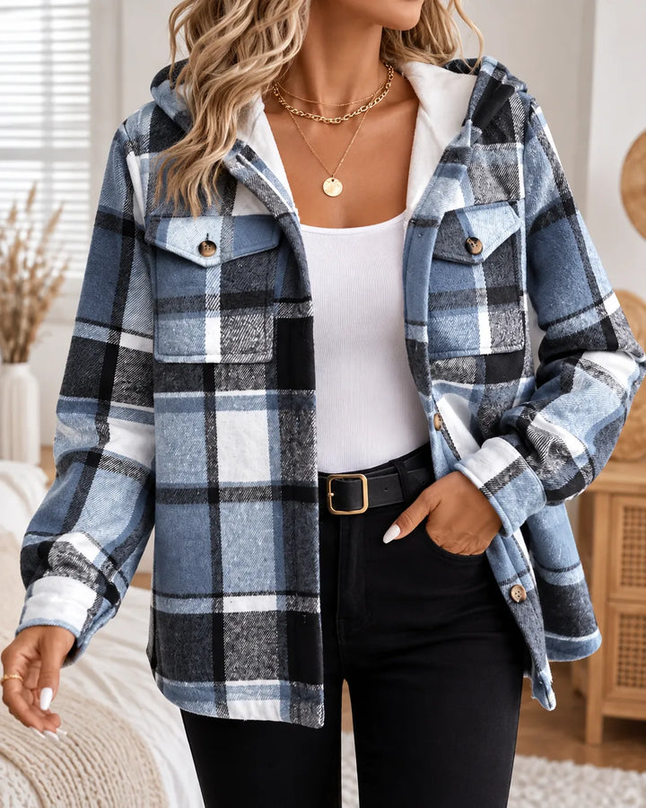 Harper | Cozy Plaid Hooded Shacket - Blue Plaid