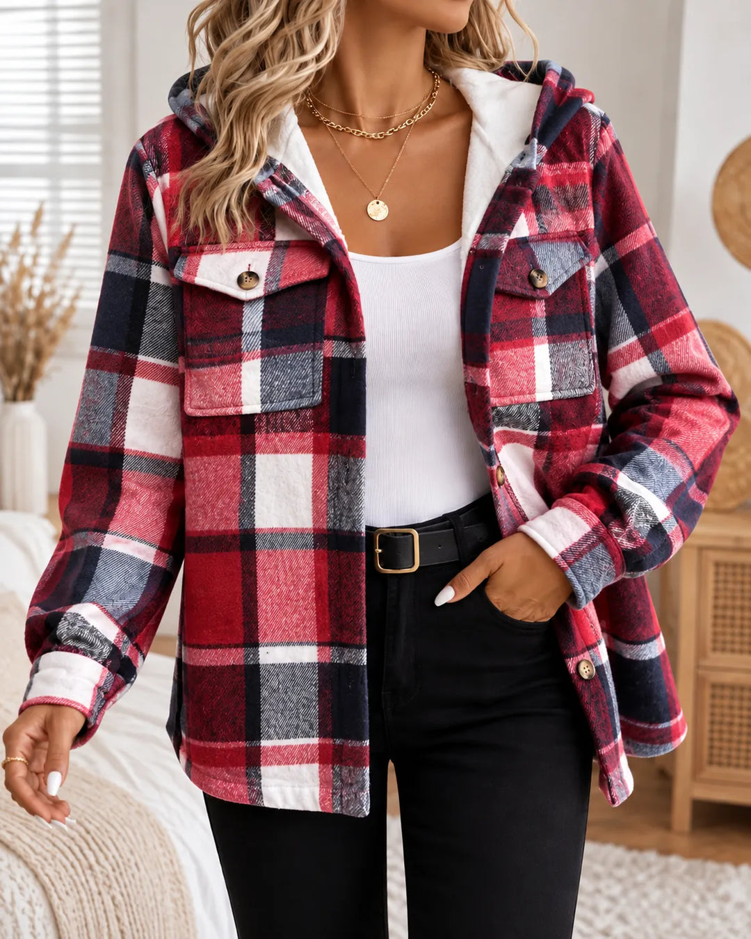Harper | Cozy Plaid Hooded Shacket - Red Plaid