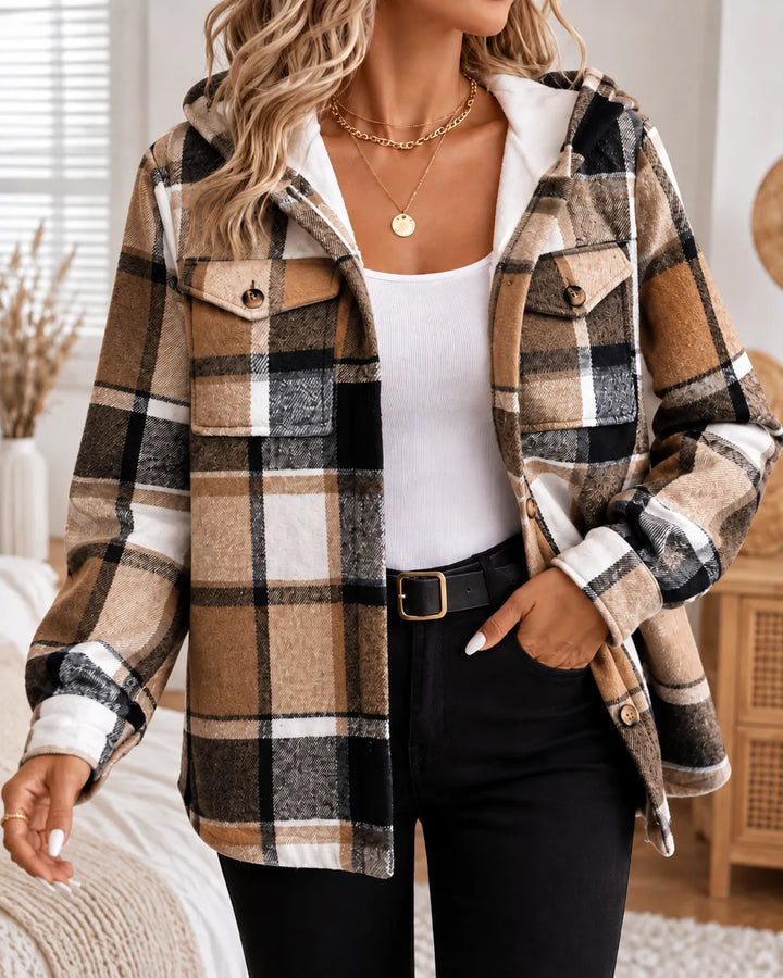 Harper | Cozy Plaid Hooded Shacket - Brown Plaid