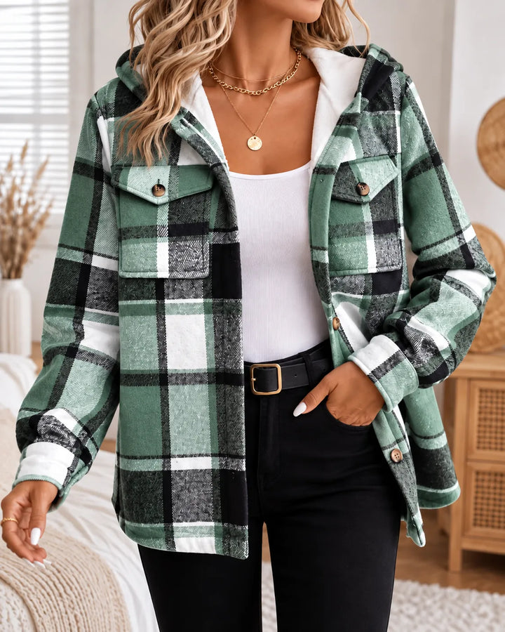 Harper | Cozy Plaid Hooded Shacket - Green Plaid