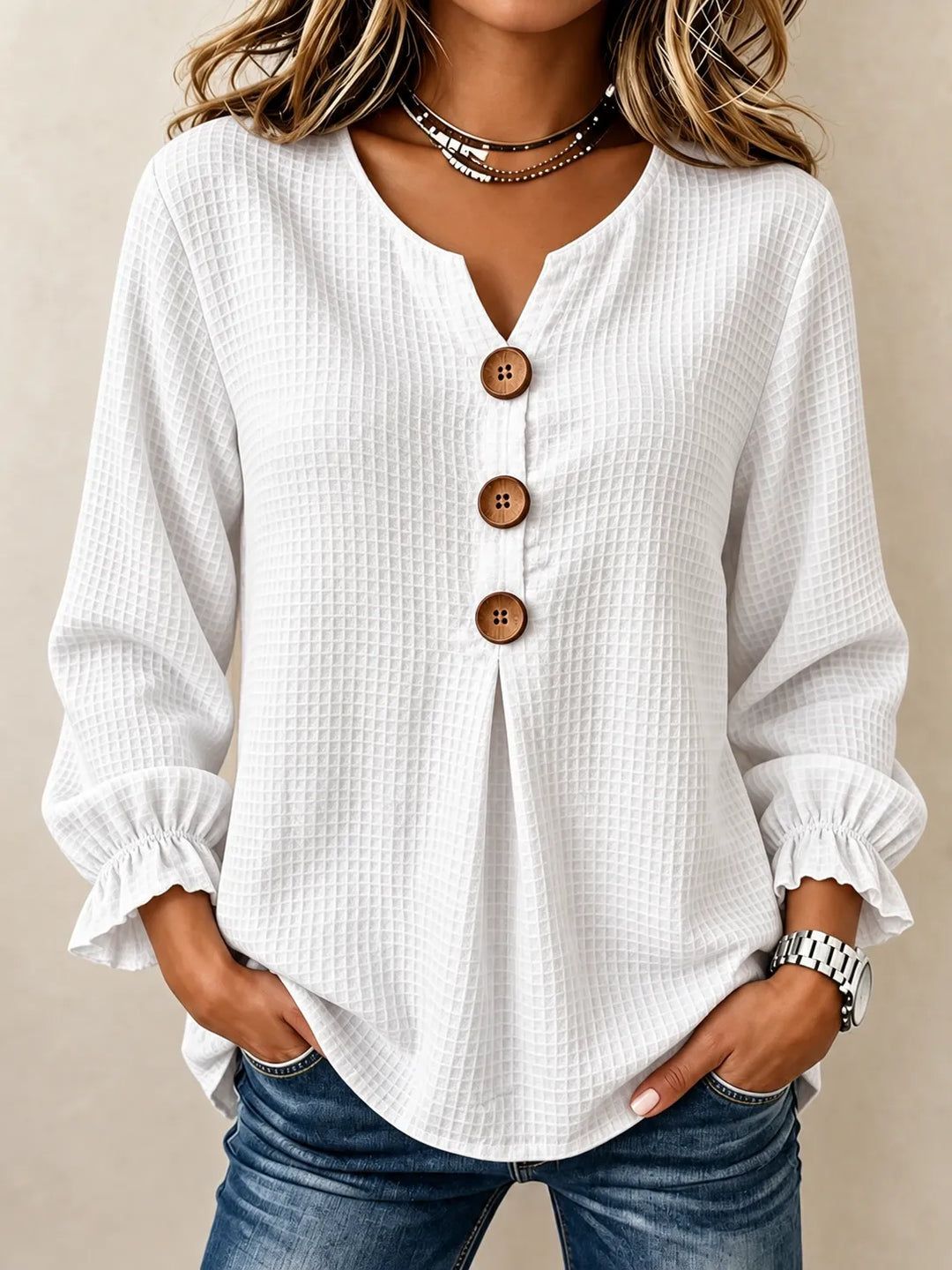 Amelia | Textured Button-Detail Relaxed Blouse - White