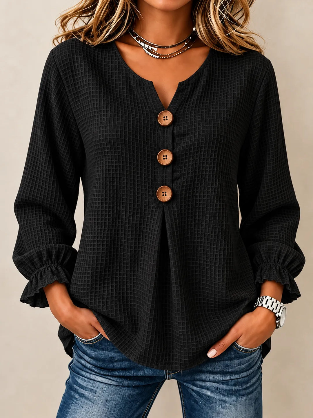 Amelia | Textured Button-Detail Relaxed Blouse - Black