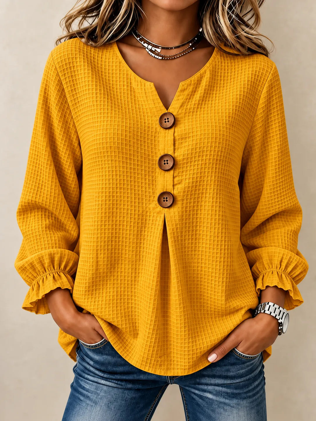 Amelia | Textured Button-Detail Relaxed Blouse - Mustard Yellow