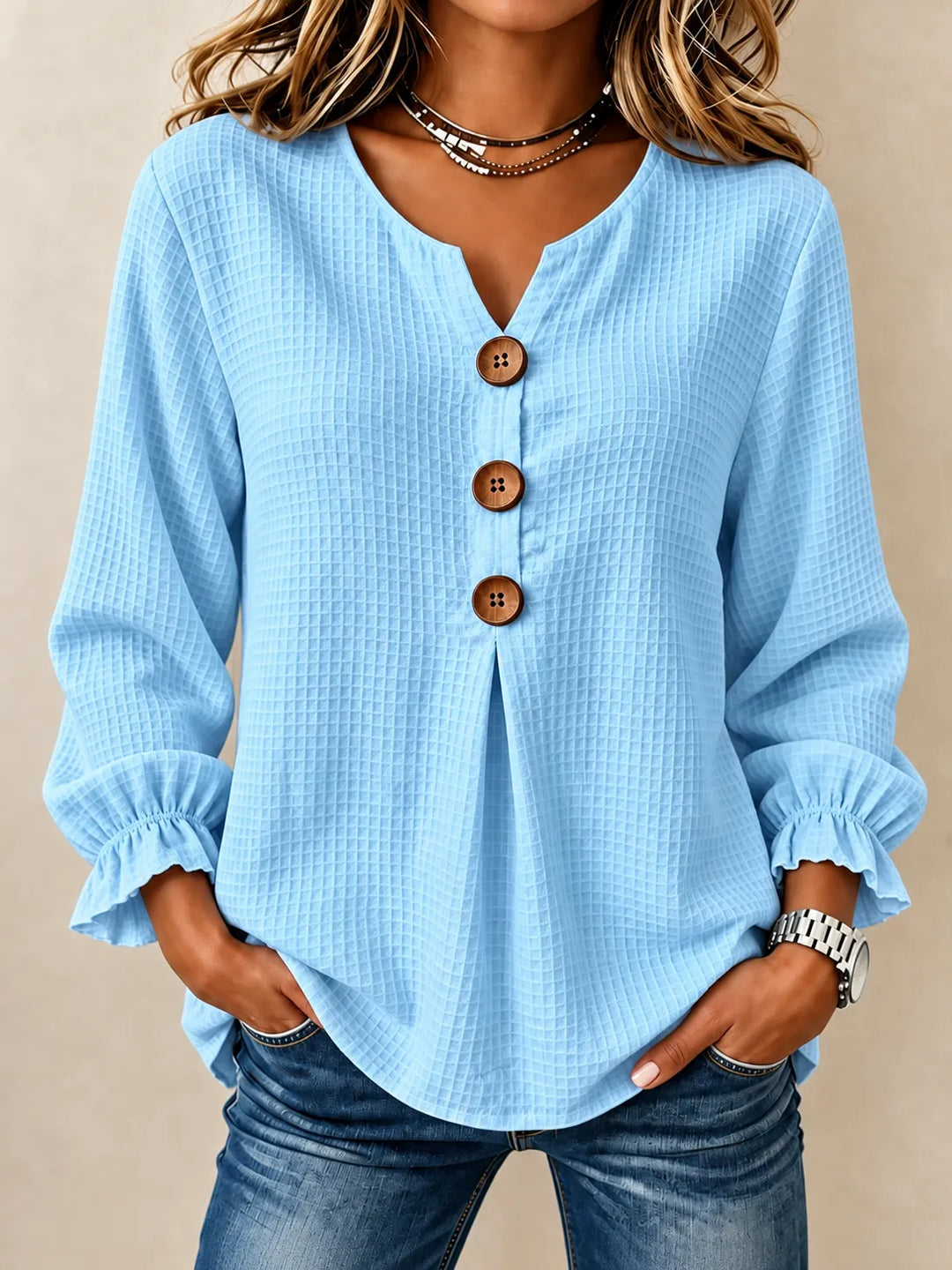 Amelia | Textured Button-Detail Relaxed Blouse - Light Blue