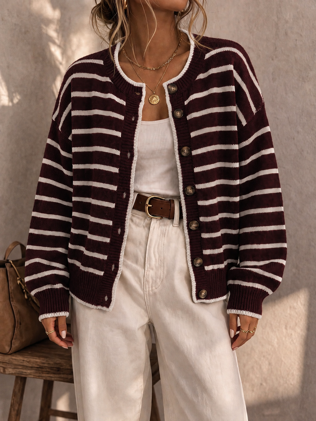 Liora | Striped Knit Cardigan – Burgundy White