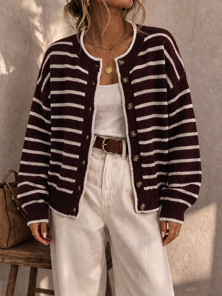 Liora | Striped Knit Cardigan – Burgundy White