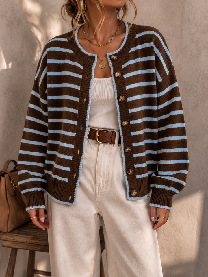 Liora | Striped Knit Cardigan – Brown Baby Blue