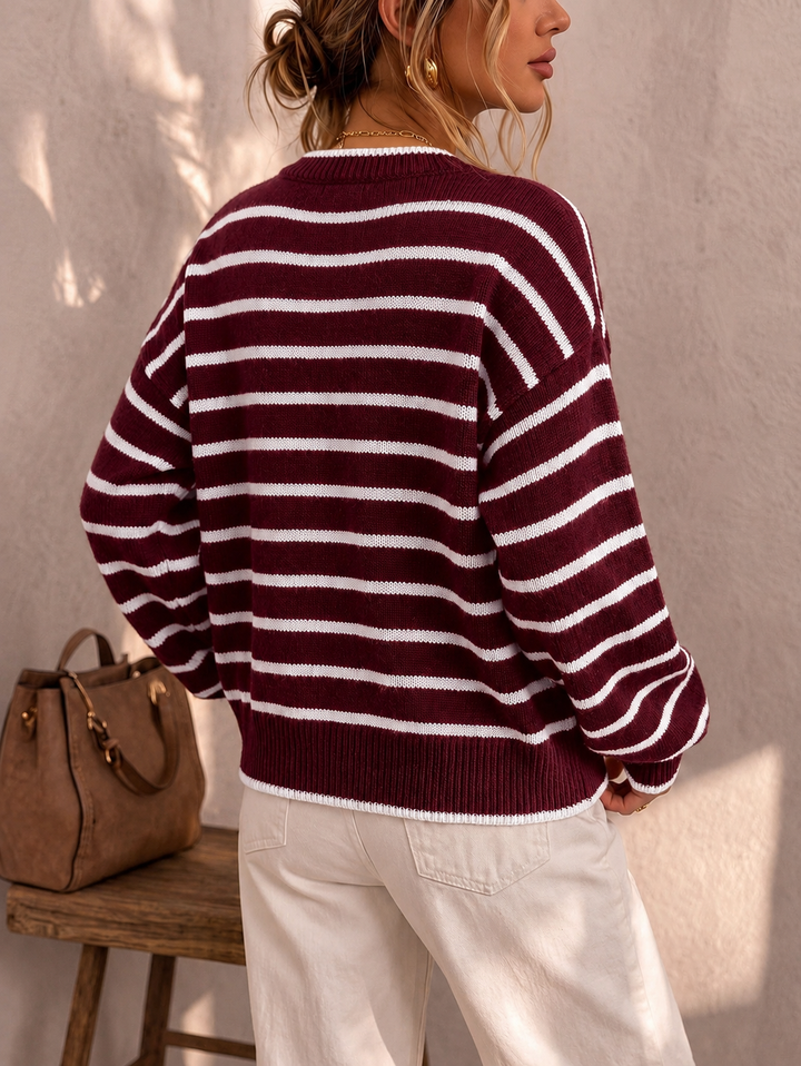 Liora | Striped Knit Cardigan – Burgundy White