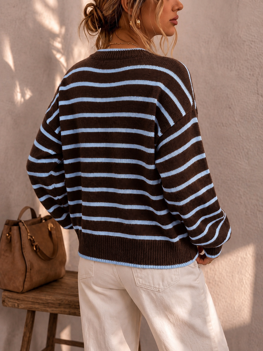 Liora | Striped Knit Cardigan – Brown Baby Blue