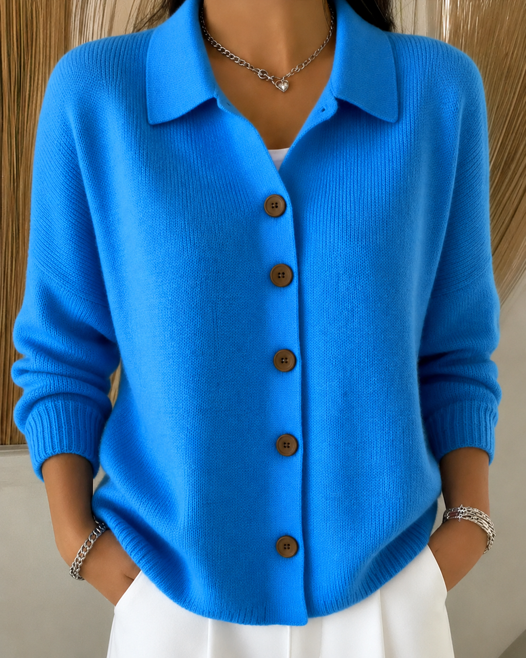 Sienna | Elegant Button Collar Cardigan - Blue