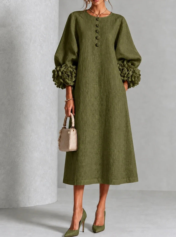 Theodosia | Rosette-Cuff Button Midi Dress